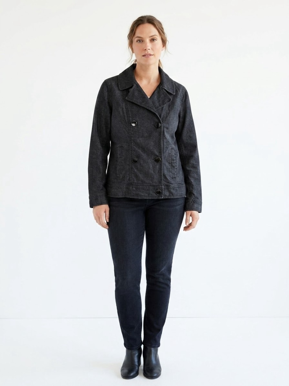 Talbots Double Breasted Black Charcoal Denim Peacoat Jacket Stretch Pockets, 12